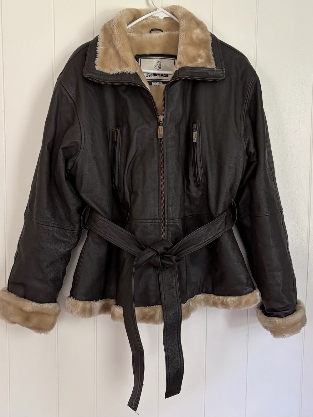 Leather Man Coat Womens Extra Large Brown Leather Zip Belted Faux Fur Trim